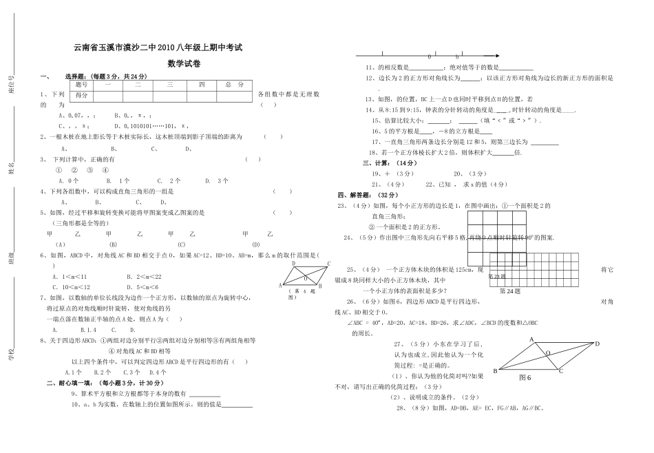 云南玉溪漠沙2010八年级上期中考试试卷 _第1页