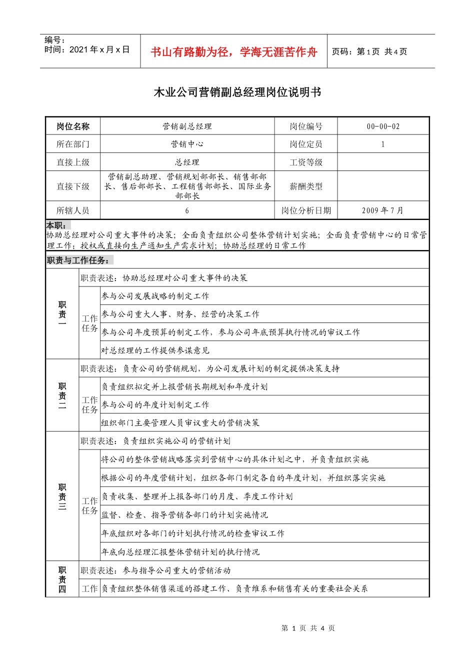 木业公司营销副总经理岗位说明书_第1页
