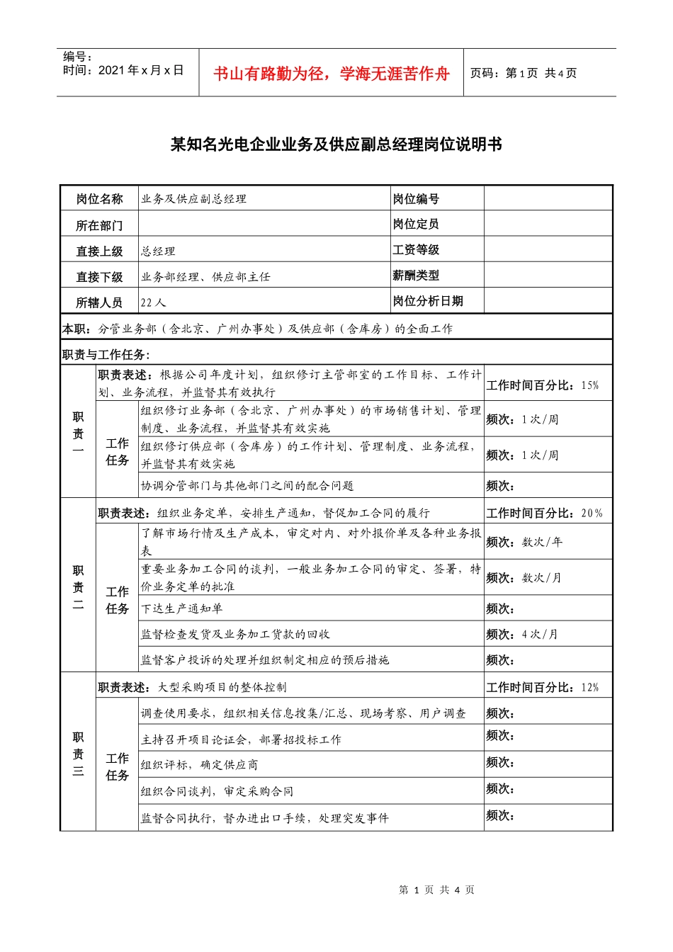 某知名光电企业业务及供应副总经理岗位说明书_第1页