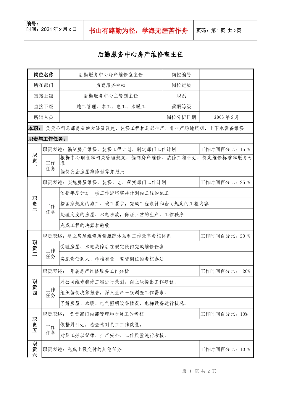房地产行业-后勤服务中心-房产维修室主任岗位说明书_第1页