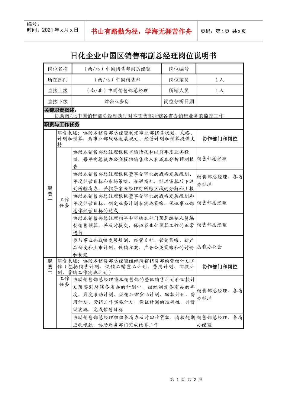 日化企业中国区销售部副总经理岗位说明书_第1页