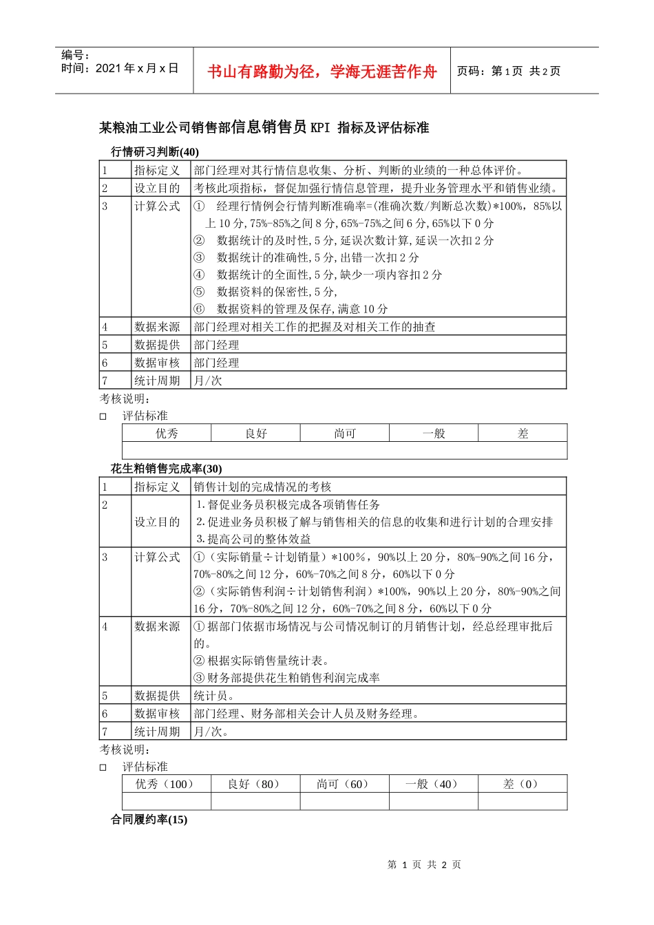 某粮油工业公司销售部信息销售员kpi指标及评估标准_第1页