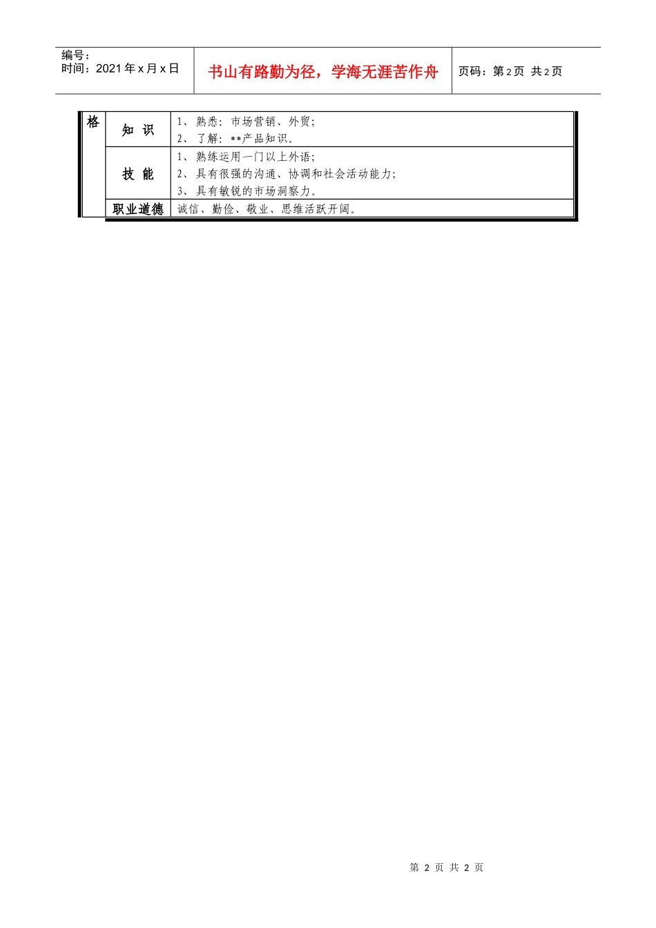 销售行业-某中型制造业业务员岗位说明书_第2页
