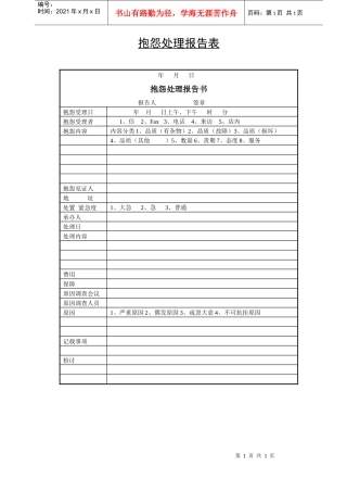 终端销售之抱怨处理报告表