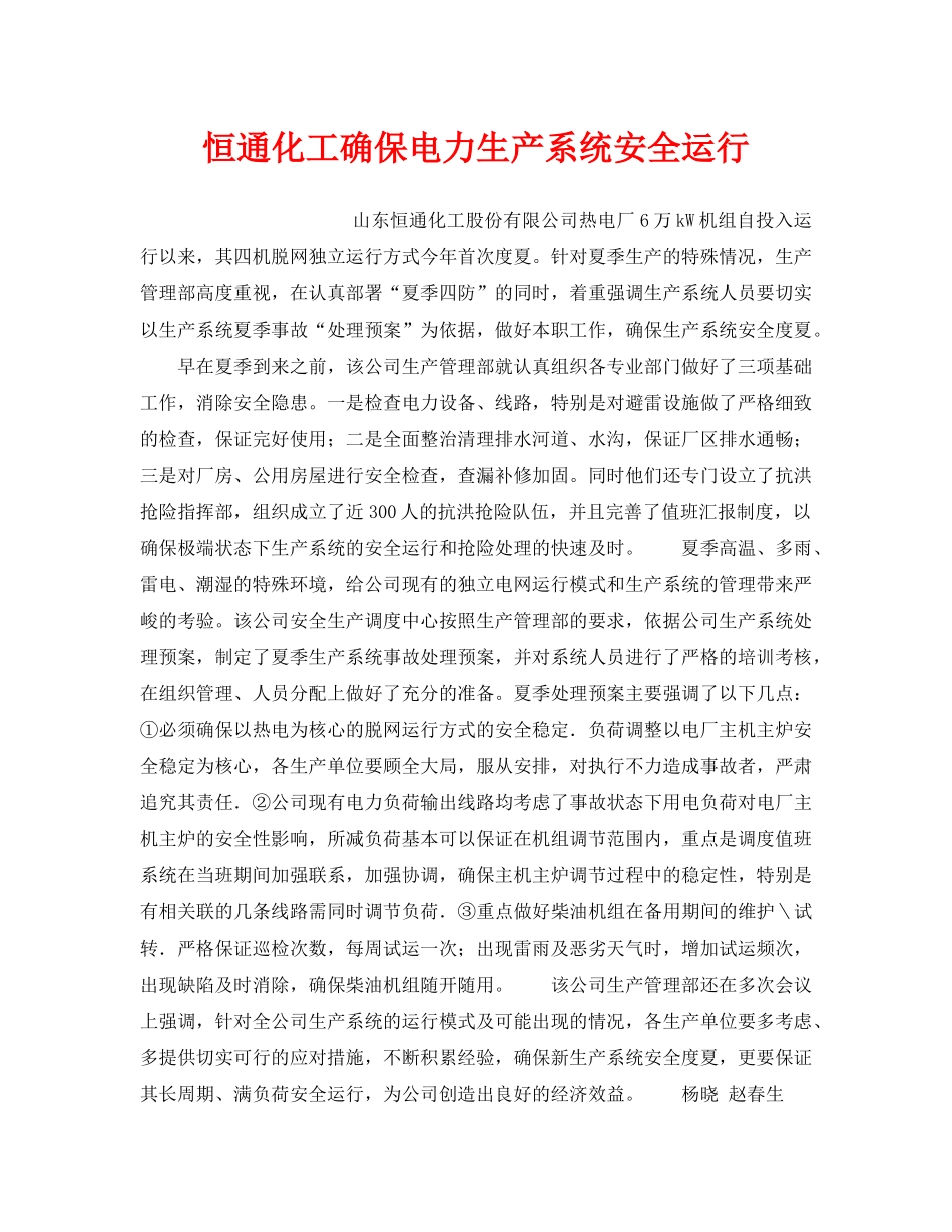 《安全管理》之恒通化工确保电力生产系统安全运行 _第1页