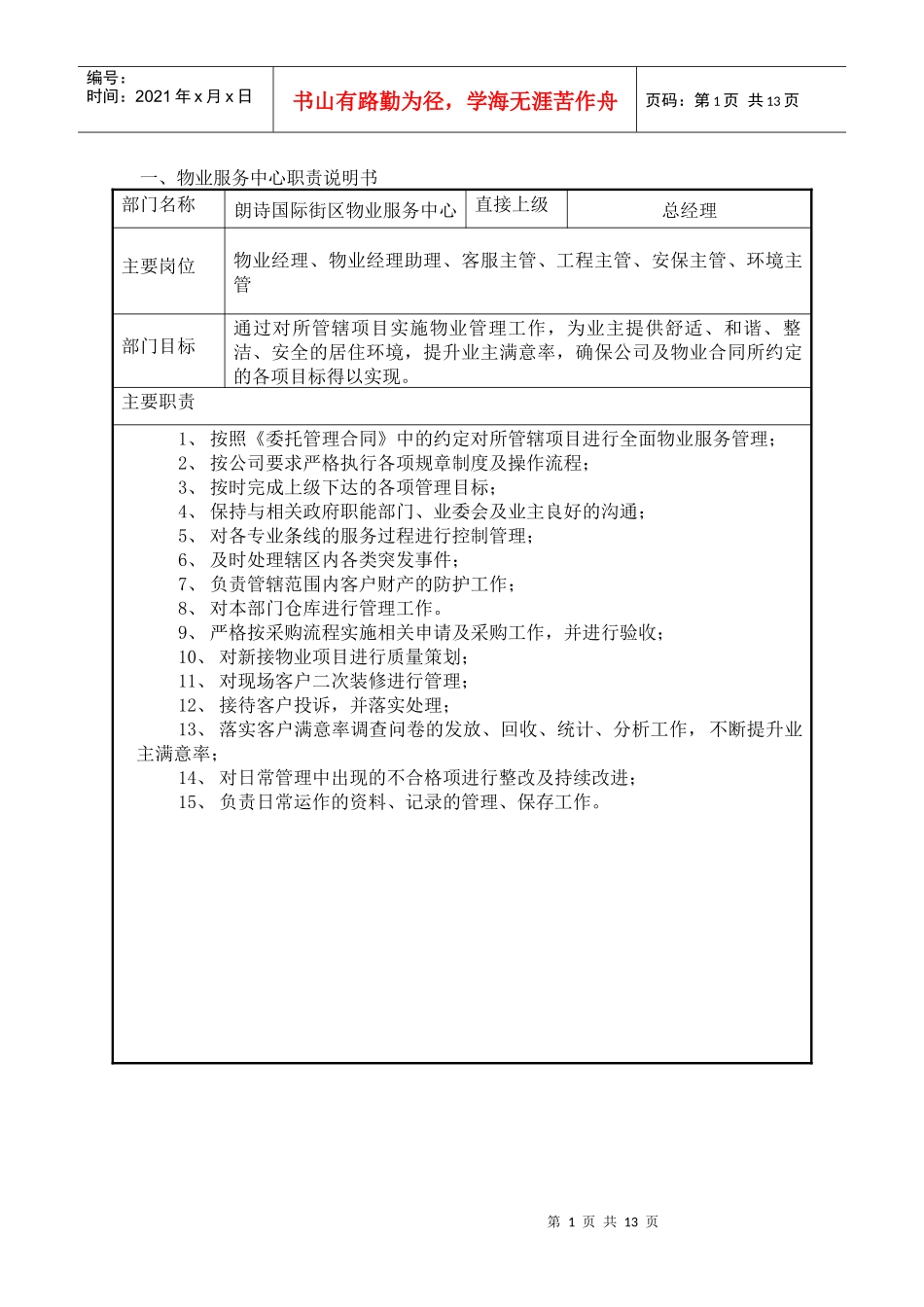 街区物业服务中心职位说明书_第1页