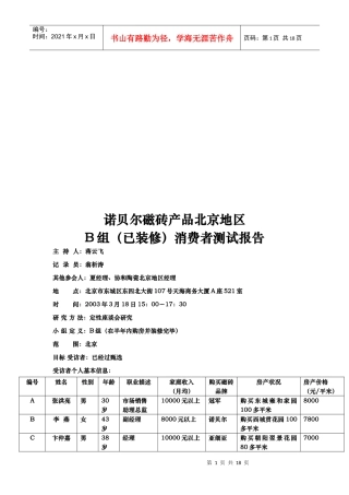 诺贝尔磁砖产品B组已装修消费者测试报告