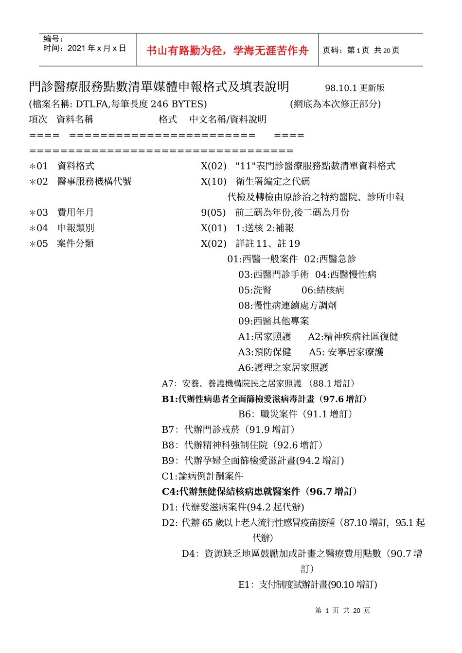 门诊医疗服务点数清单媒体申报格式及填表说明_第1页