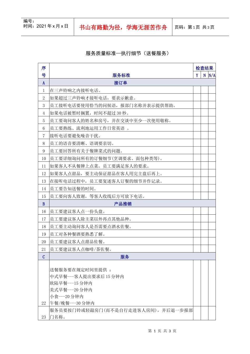 送餐服务质量检查表_第1页