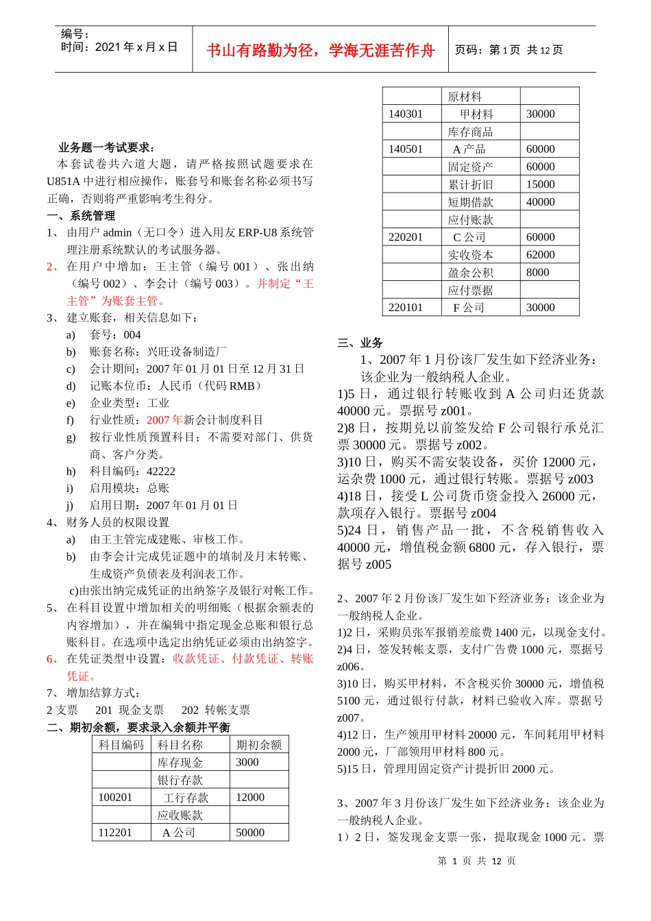 江西会计电算化考试业务题及参考答案[重要]_第1页