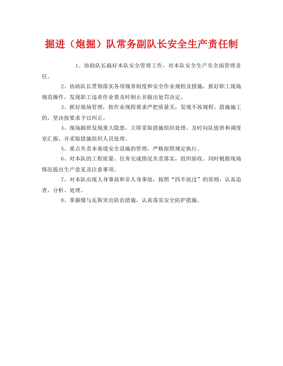 《安全管理制度》之掘进（炮掘）队常务副队长安全生产责任制 _第1页