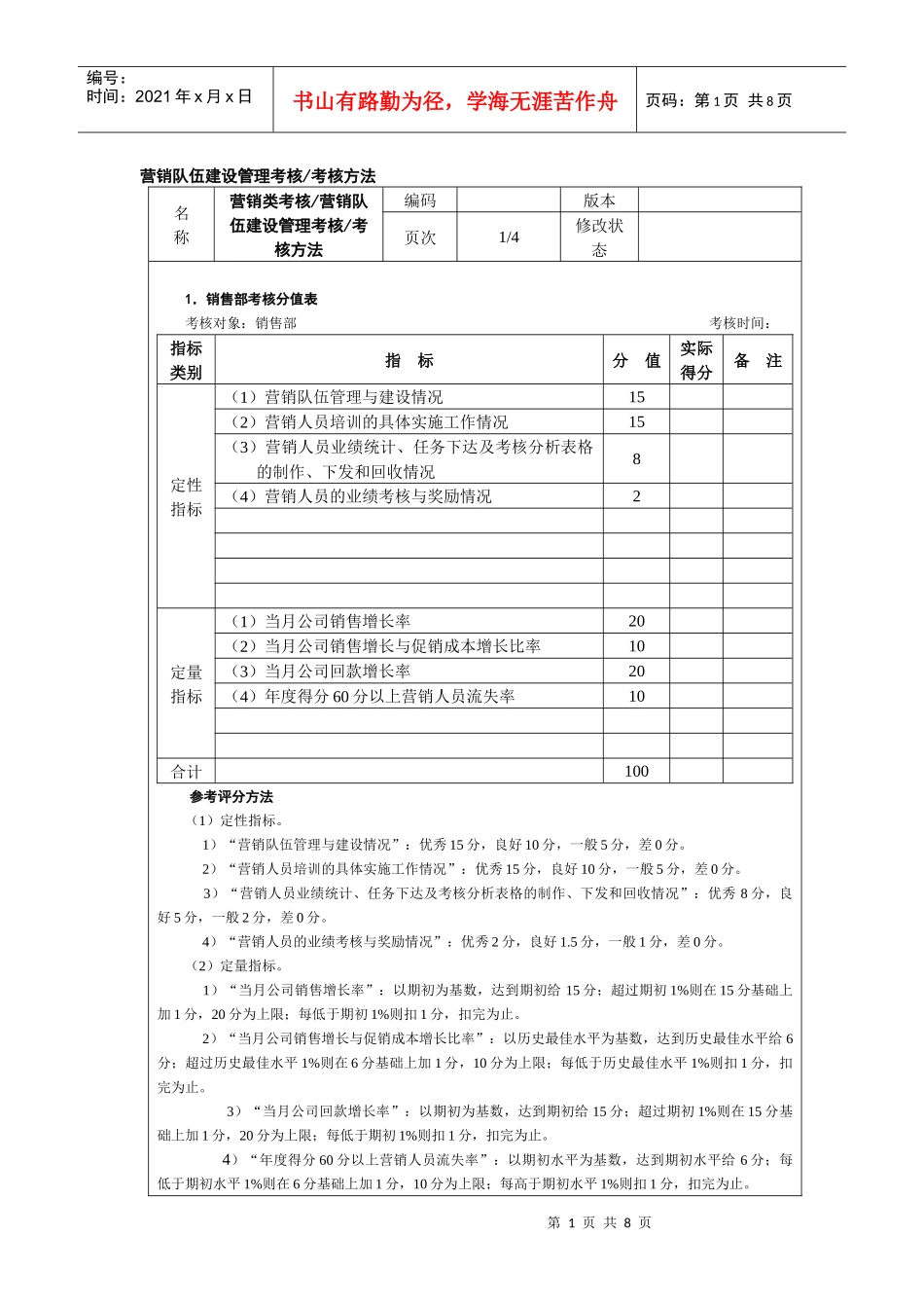 营销队伍建设管理考核考核方法_第1页