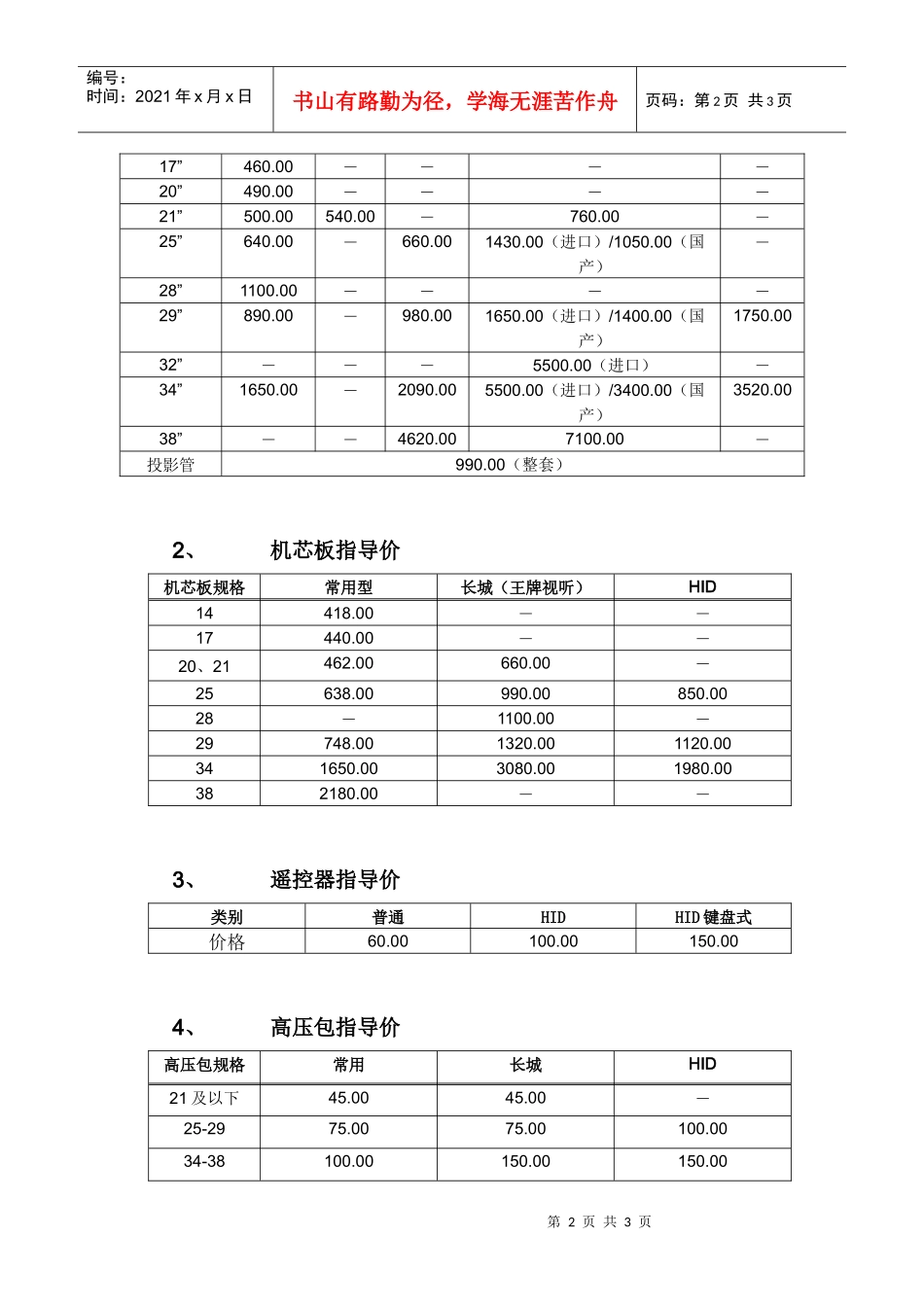 附件3－TCL王牌彩电服务商维修用备件价格表_第2页