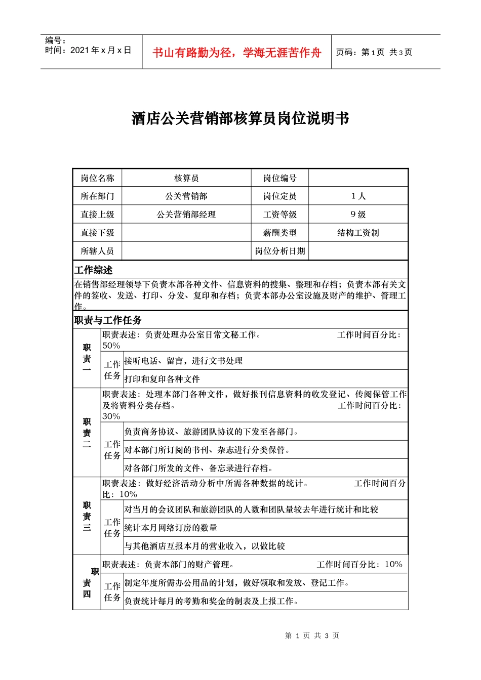 酒店公关营销部核算员岗位说明书_第1页