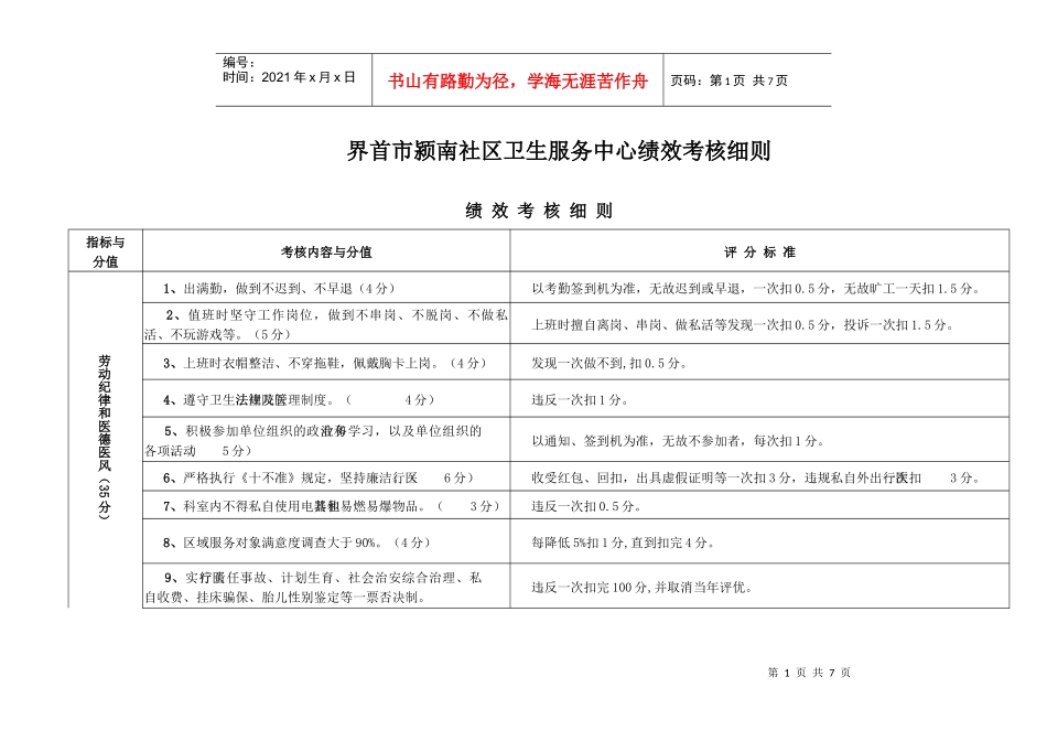 界首市颍南社区卫生服务中心绩效考核细则_第1页