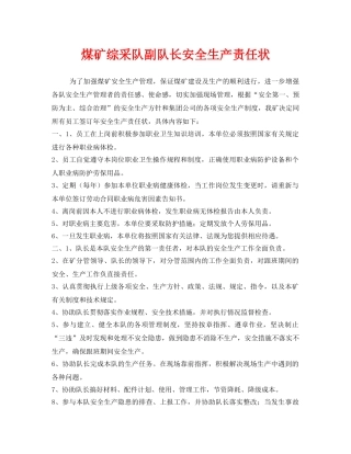 《安全管理文档》之煤矿综采队副队长安全生产责任状 