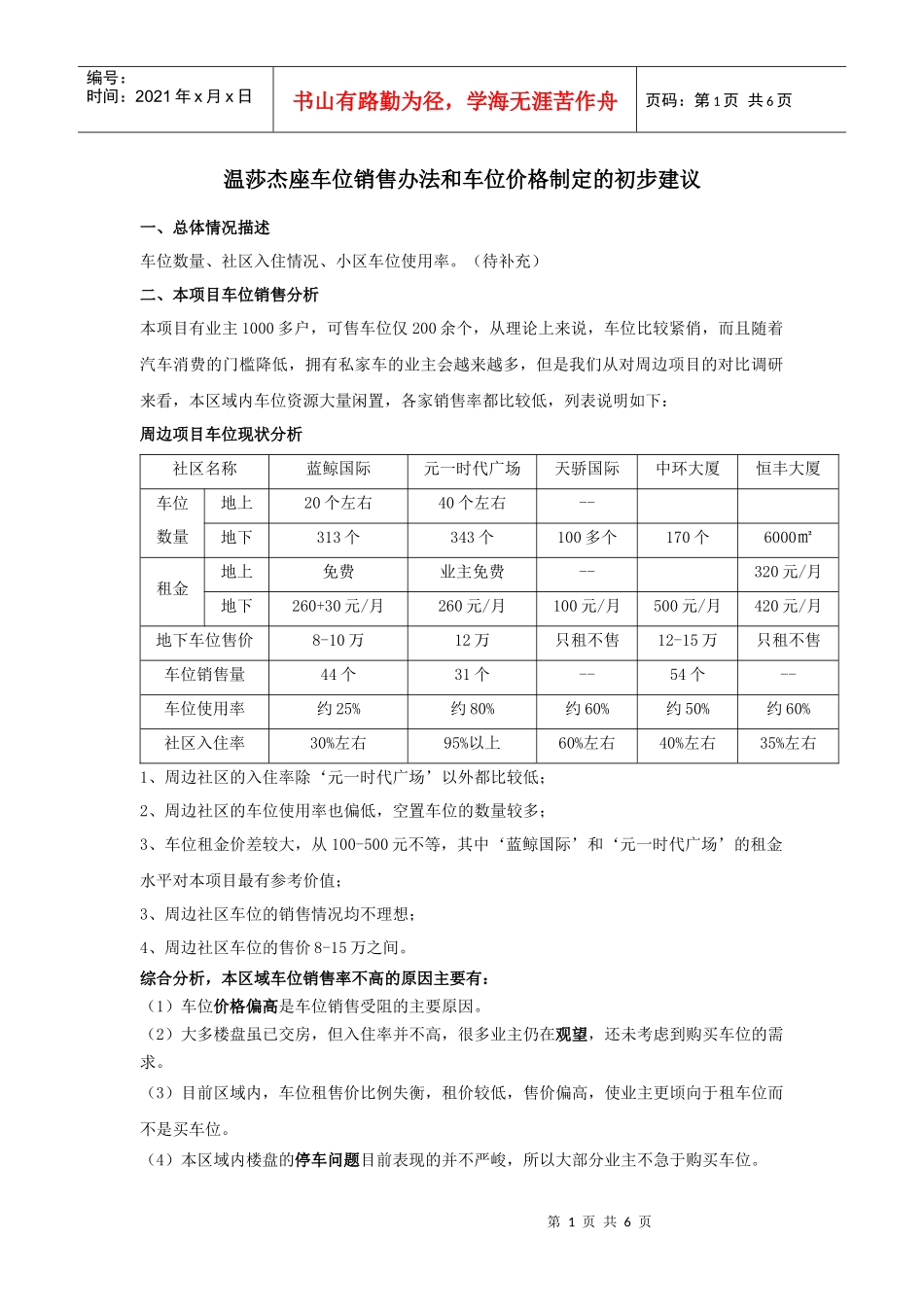 房地产项目车位销售办法和车位价格制定建议-6页_第1页