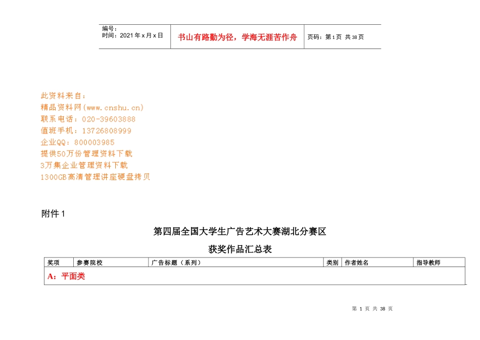 第四届全国大学生广告艺术大赛获奖作品汇总表_第1页