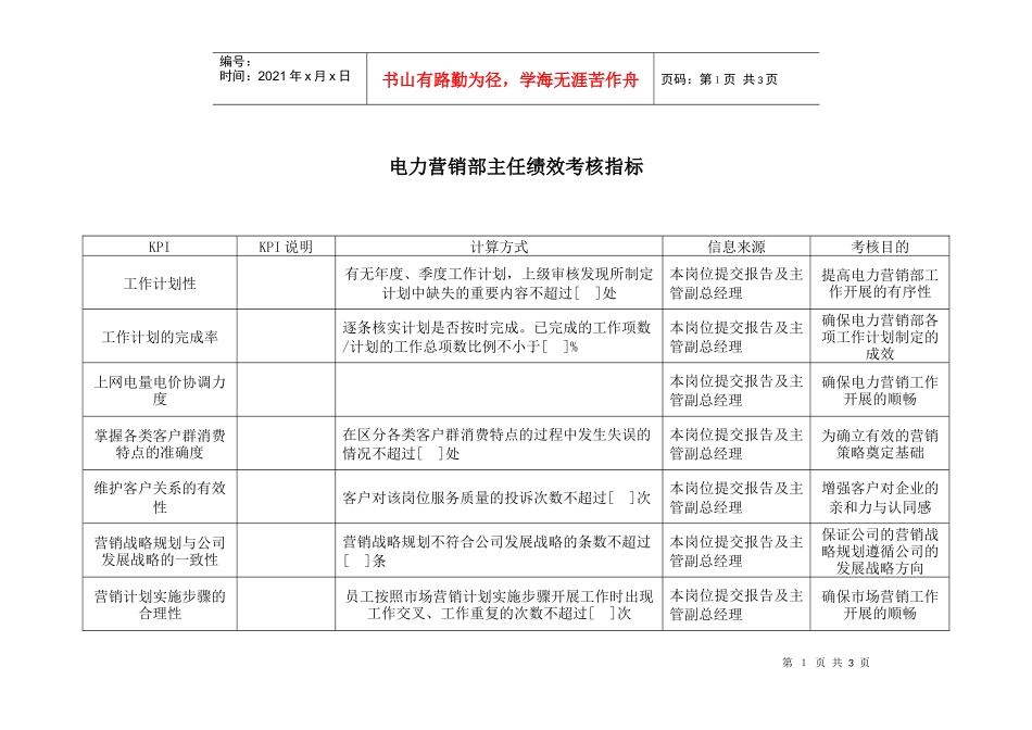 电力行业-电力营销部-主任关键业绩考核指标（KPI）_第1页