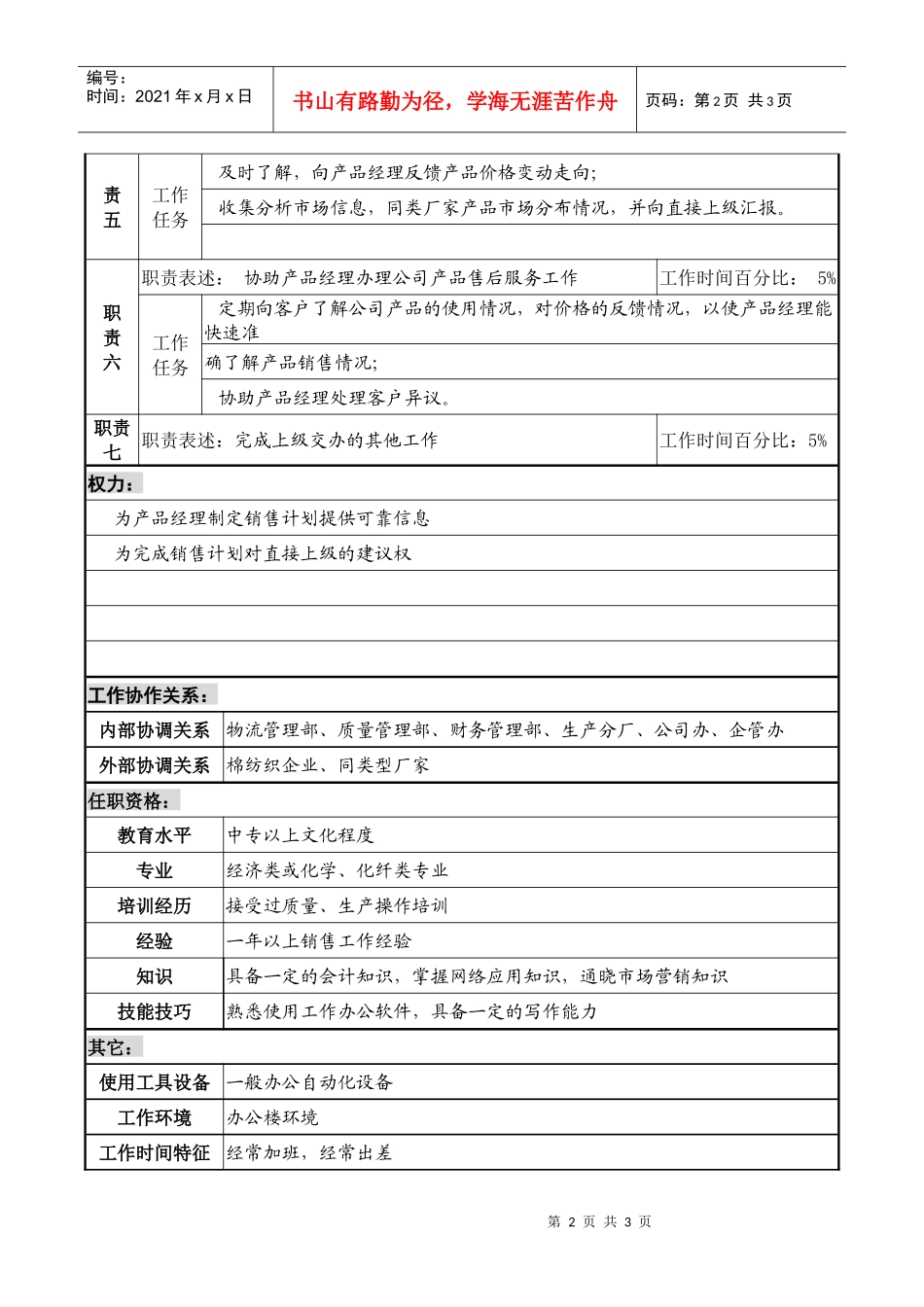 某化纤企业分公司短纤销售业务员职务说明书_第2页