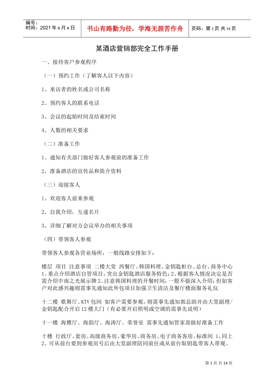 某某酒店营销部完全工作手册_第1页