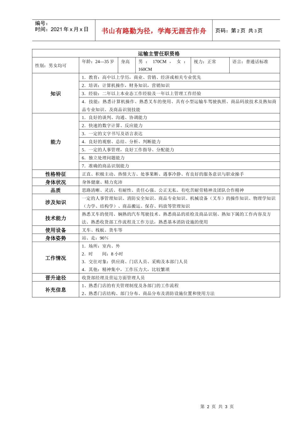 某大型跨国连锁超市运输主管岗位说明书_第2页