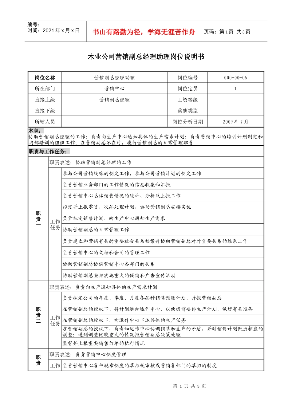 木业公司营销副总经理助理岗位说明书_第1页