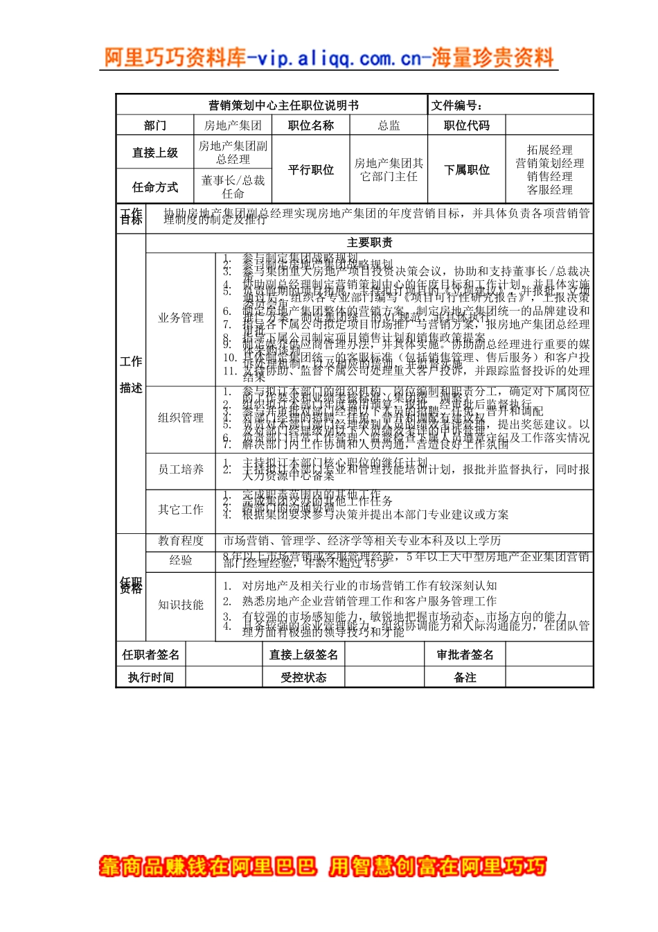 房地产集团营销策划中心主任岗位说明书_第1页