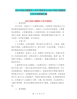 2024年幼儿园园长工作计划范本与2024年幼儿园园长工作计划表格汇编