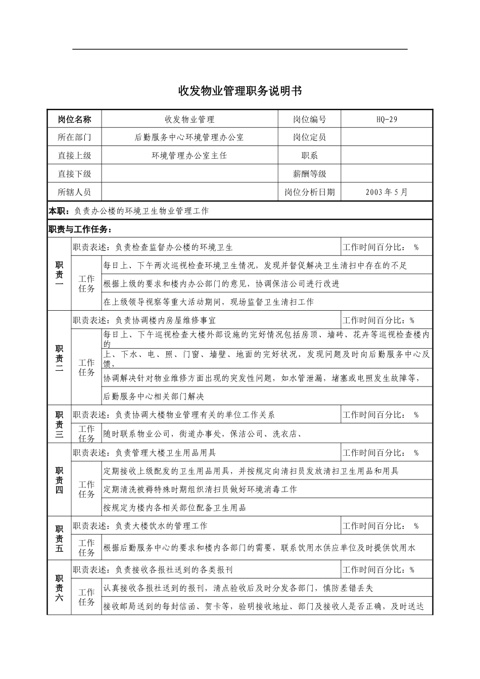 通信行业-后勤服务中心-收发物业管理岗位说明书_第1页