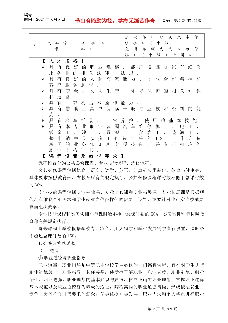汽车运用与维修专业实施性教学计划_第2页