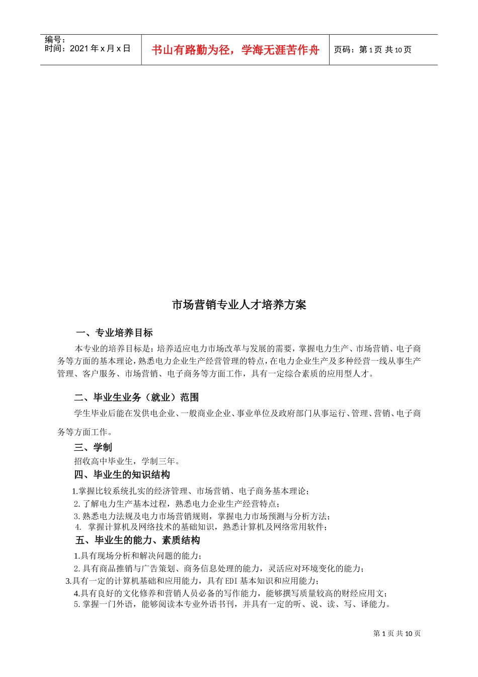 试谈市场营销专业人才培养方案_第1页