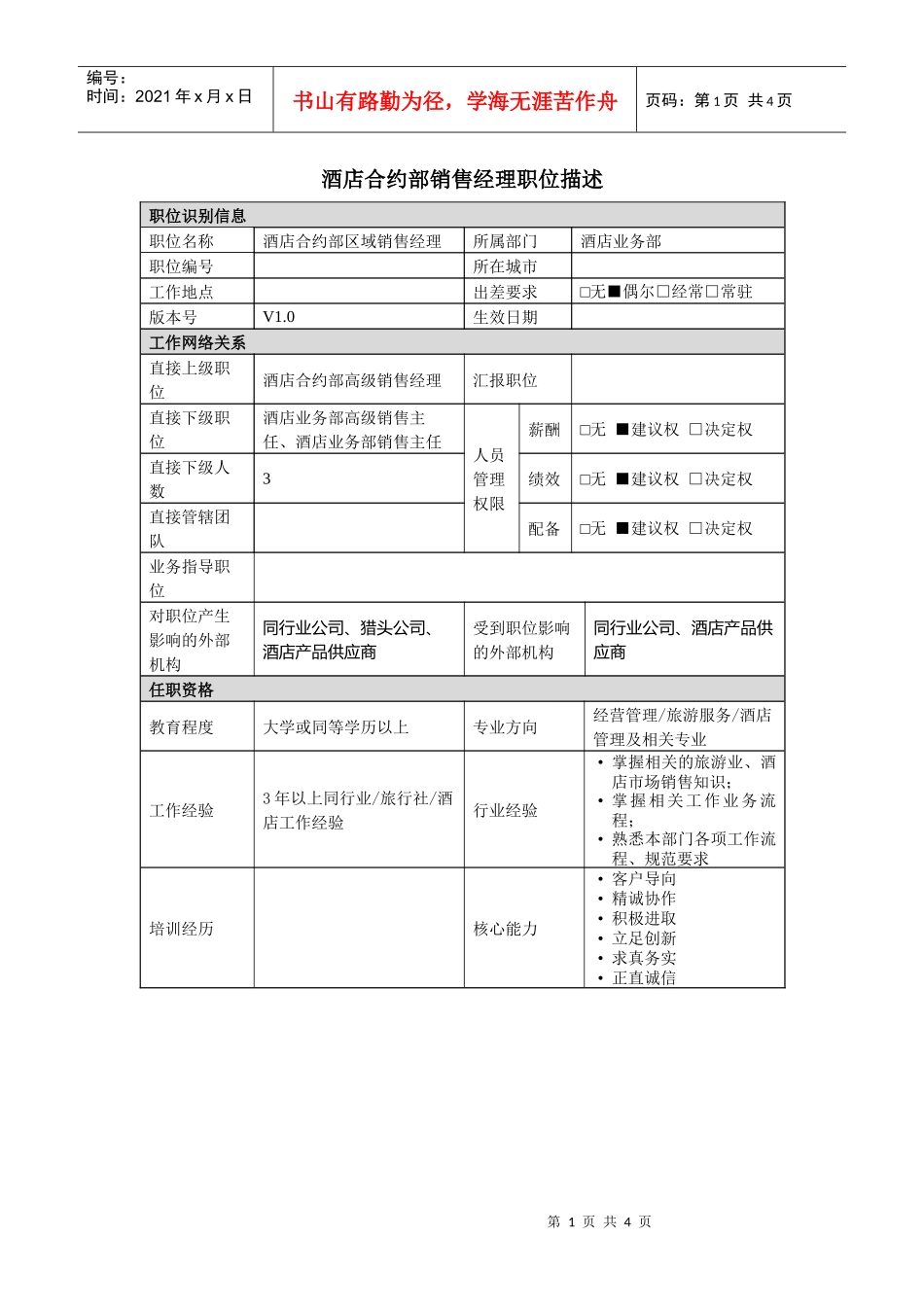 酒店合约部区域销售经理岗位说明书_第1页