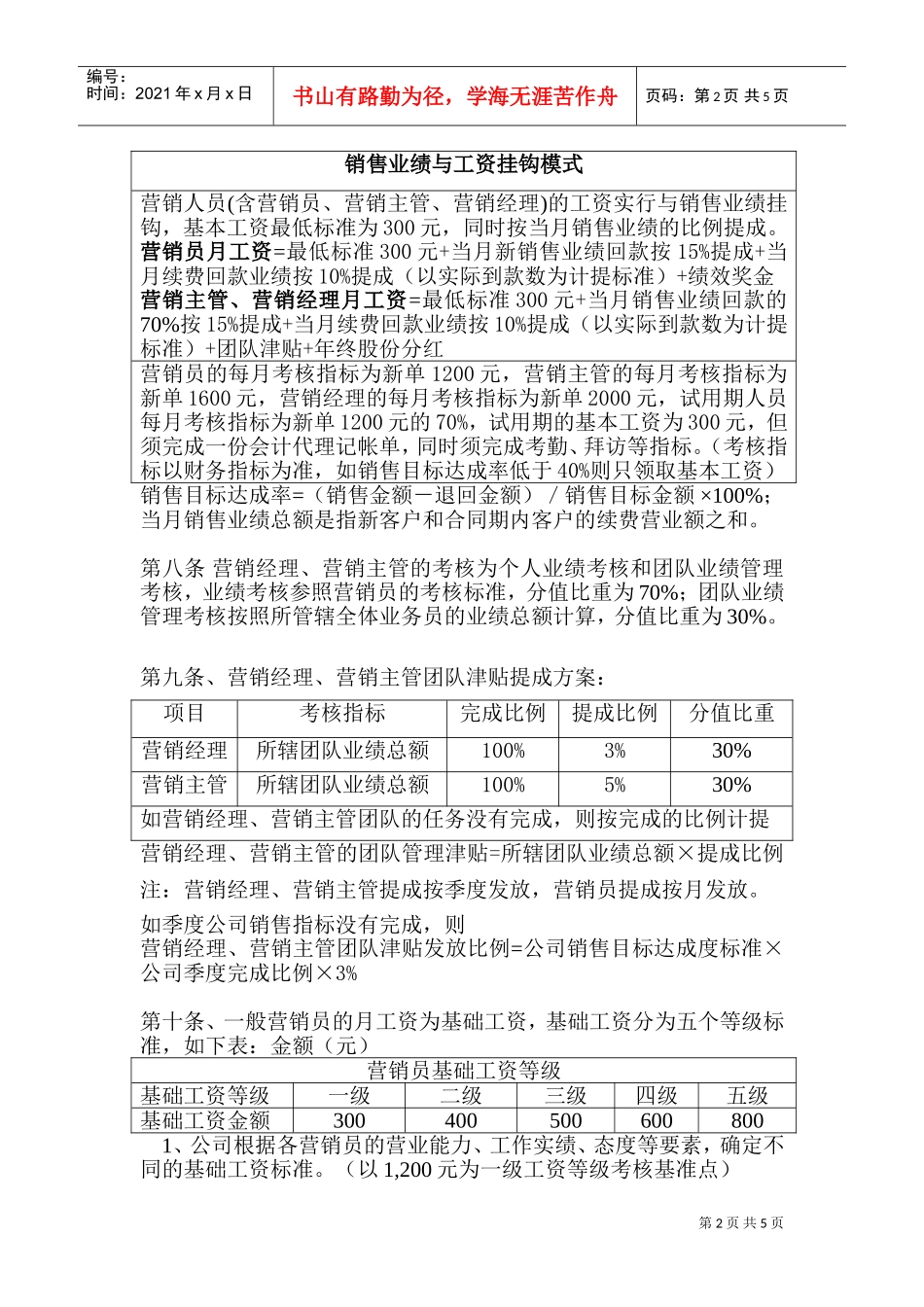 某某公司营销人员工资管理方法_第2页