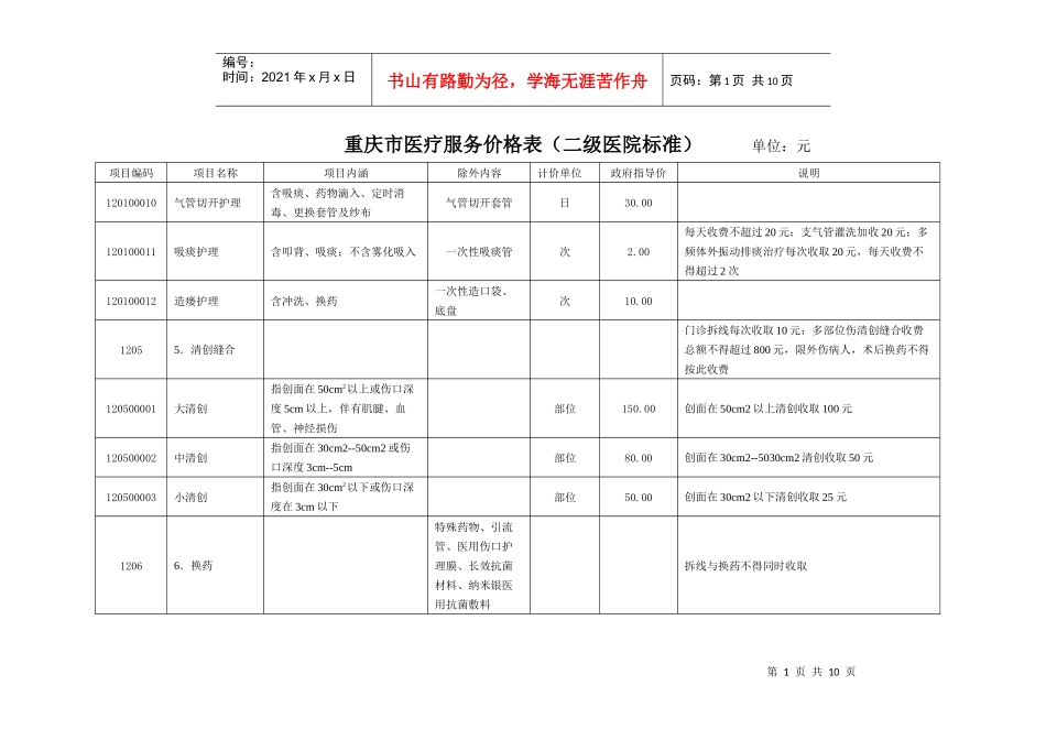 重庆市医疗服务价格表（二级医院标准）-重庆市物价局欢迎您_第1页
