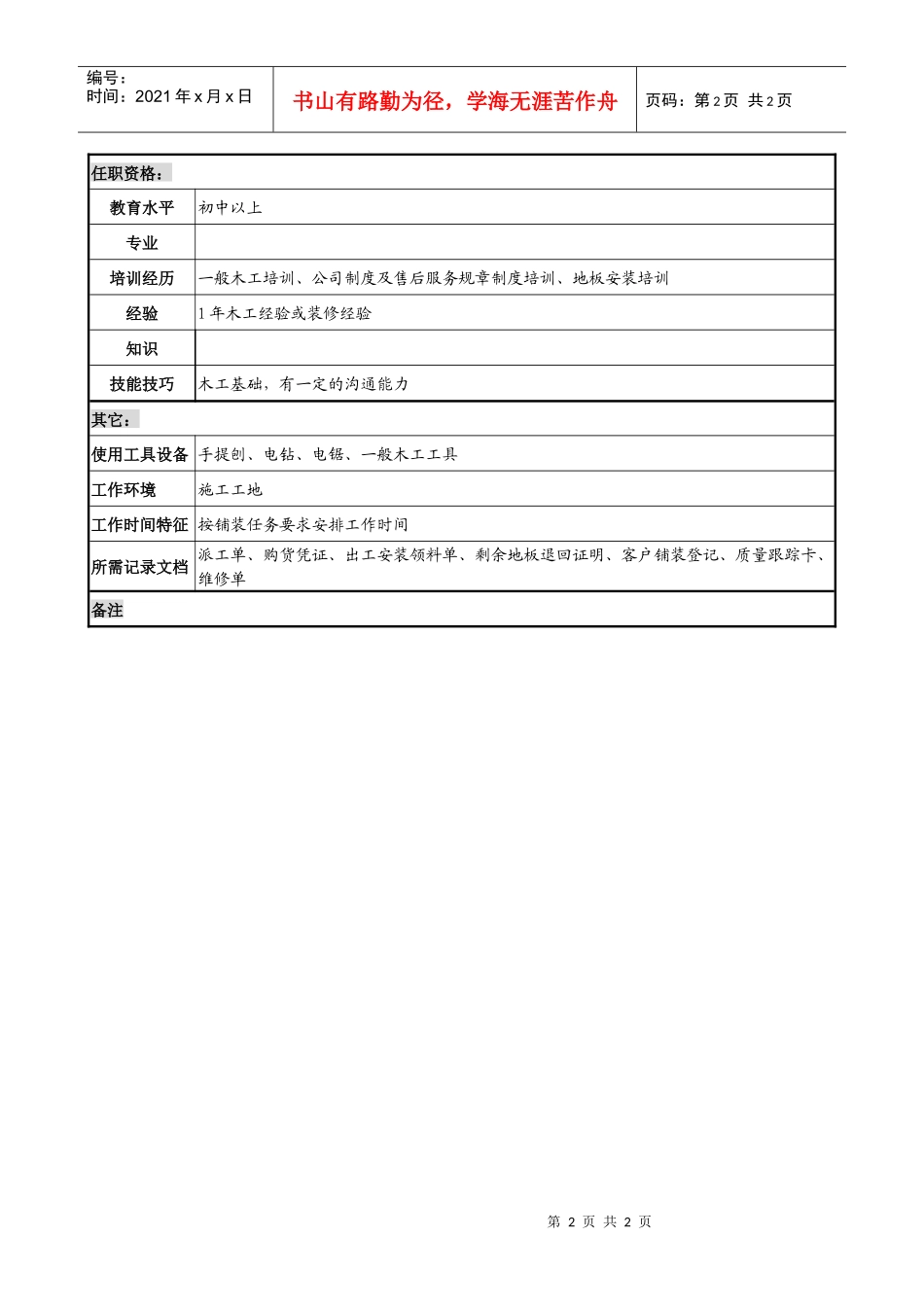 木业公司售后服务部安装组主安装岗位说明书_第2页