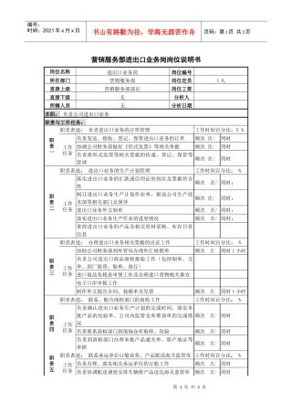 某啤酒企业营销服务部进出口业务岗岗位说明书