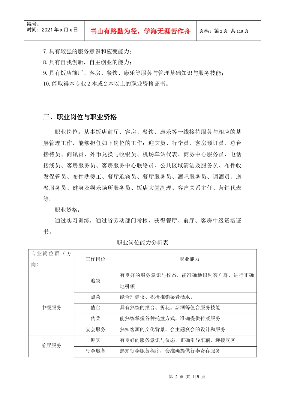 饭店服务与管理专业人才培养方案_第2页