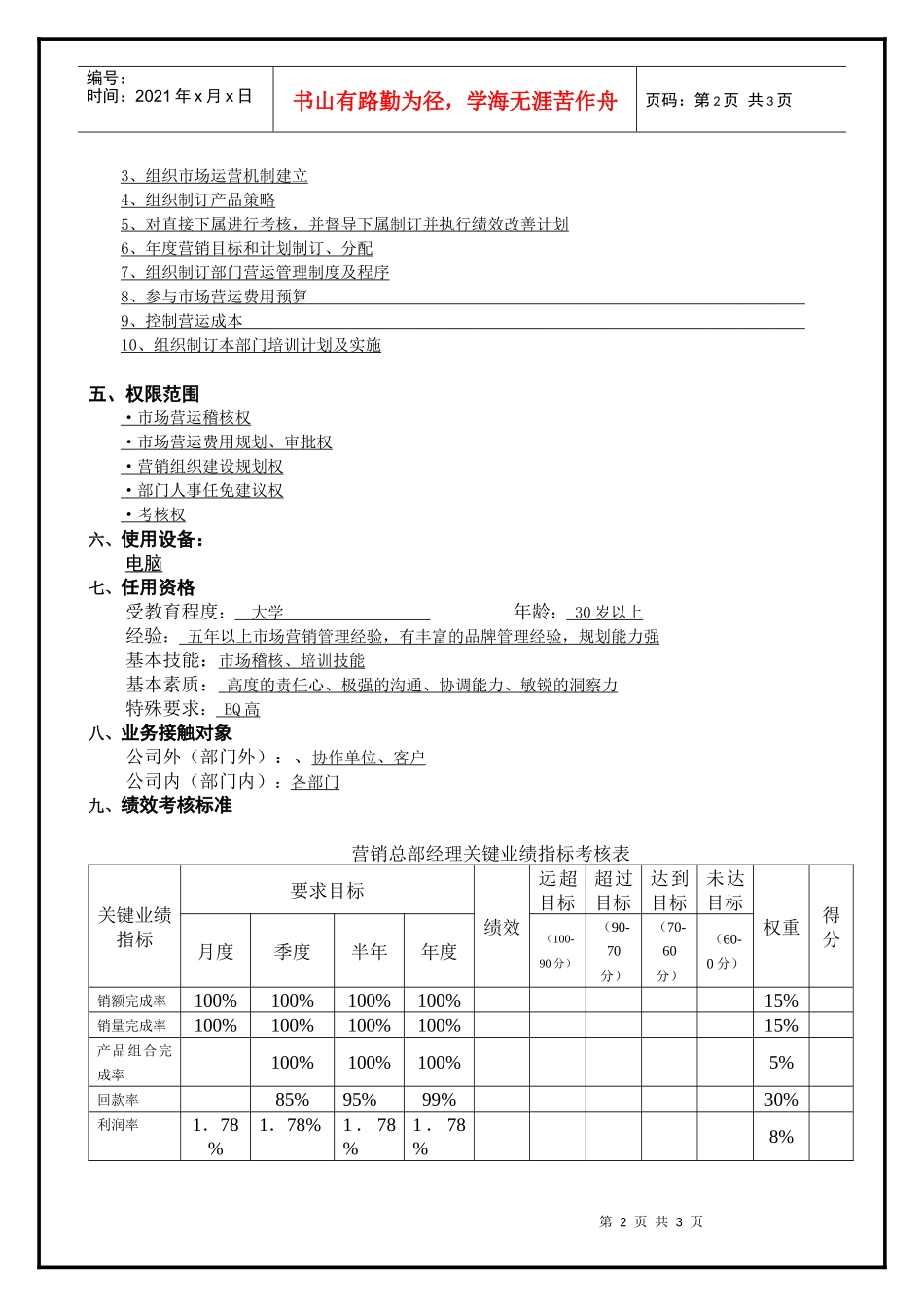 营销总部经理工作说明书_第2页