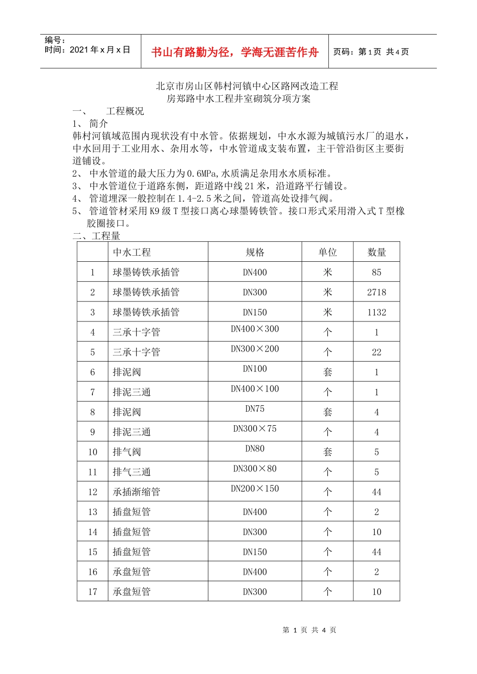 房郑路中水工程井室砌筑分项方案_第1页
