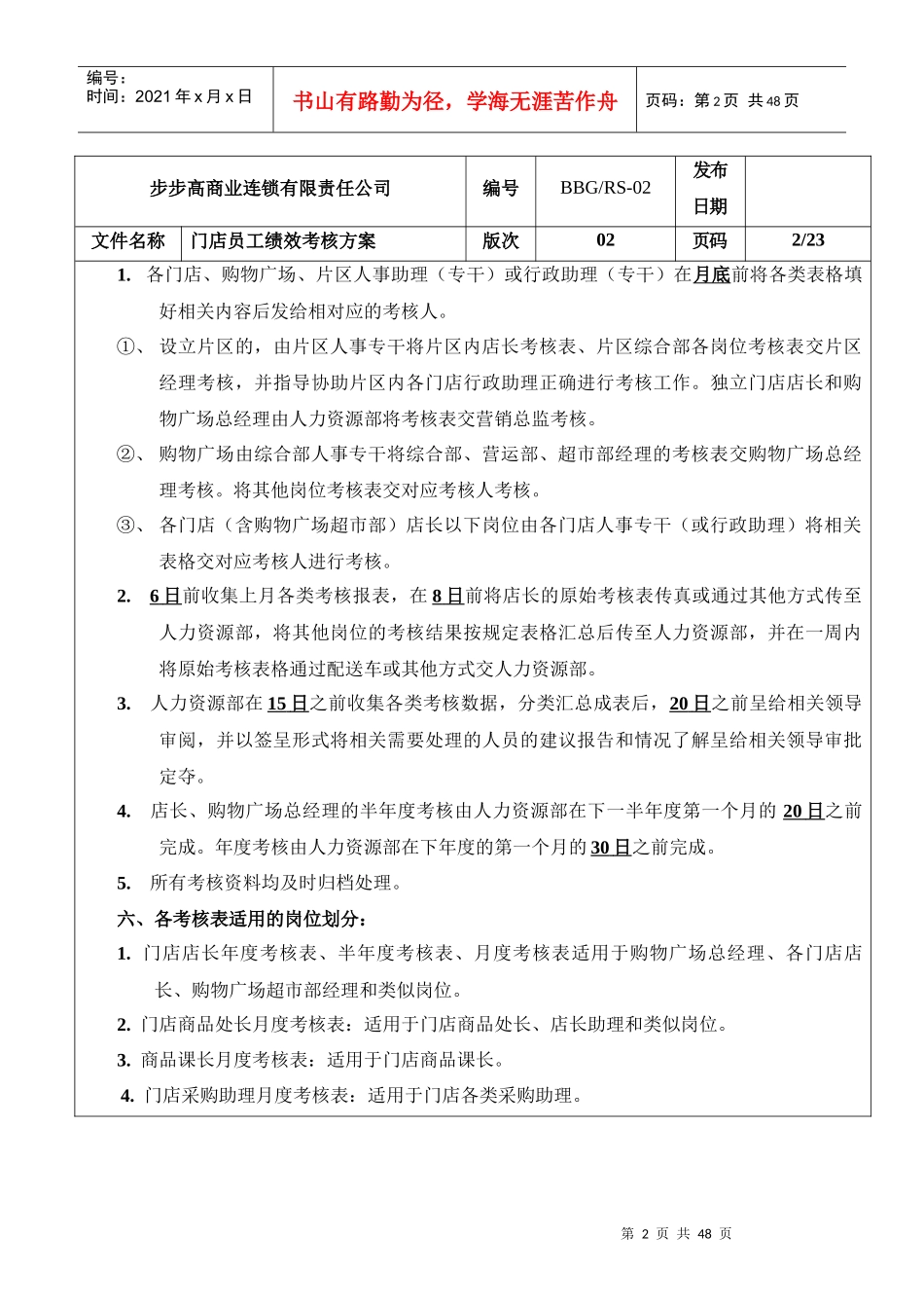 步步高商业连锁有限责任公司门店员工绩效考核方案_第2页