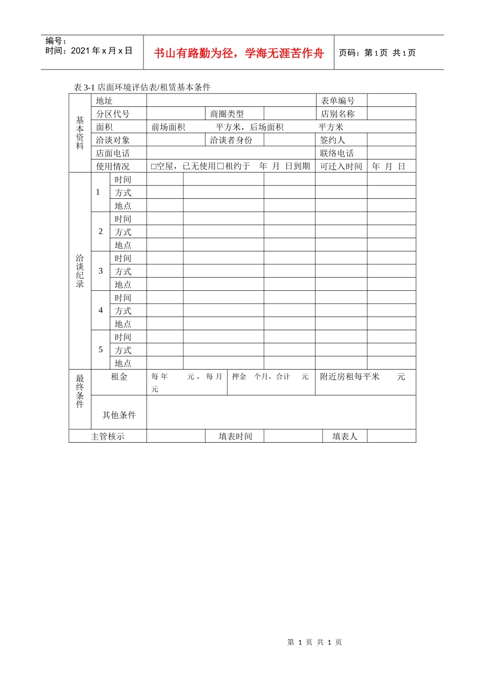 表3-1 店面环境评估表 租赁基本条件_第1页