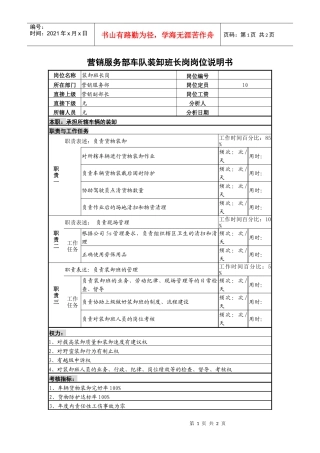 某啤酒企业营销服务部车队装卸班长岗岗位说明书