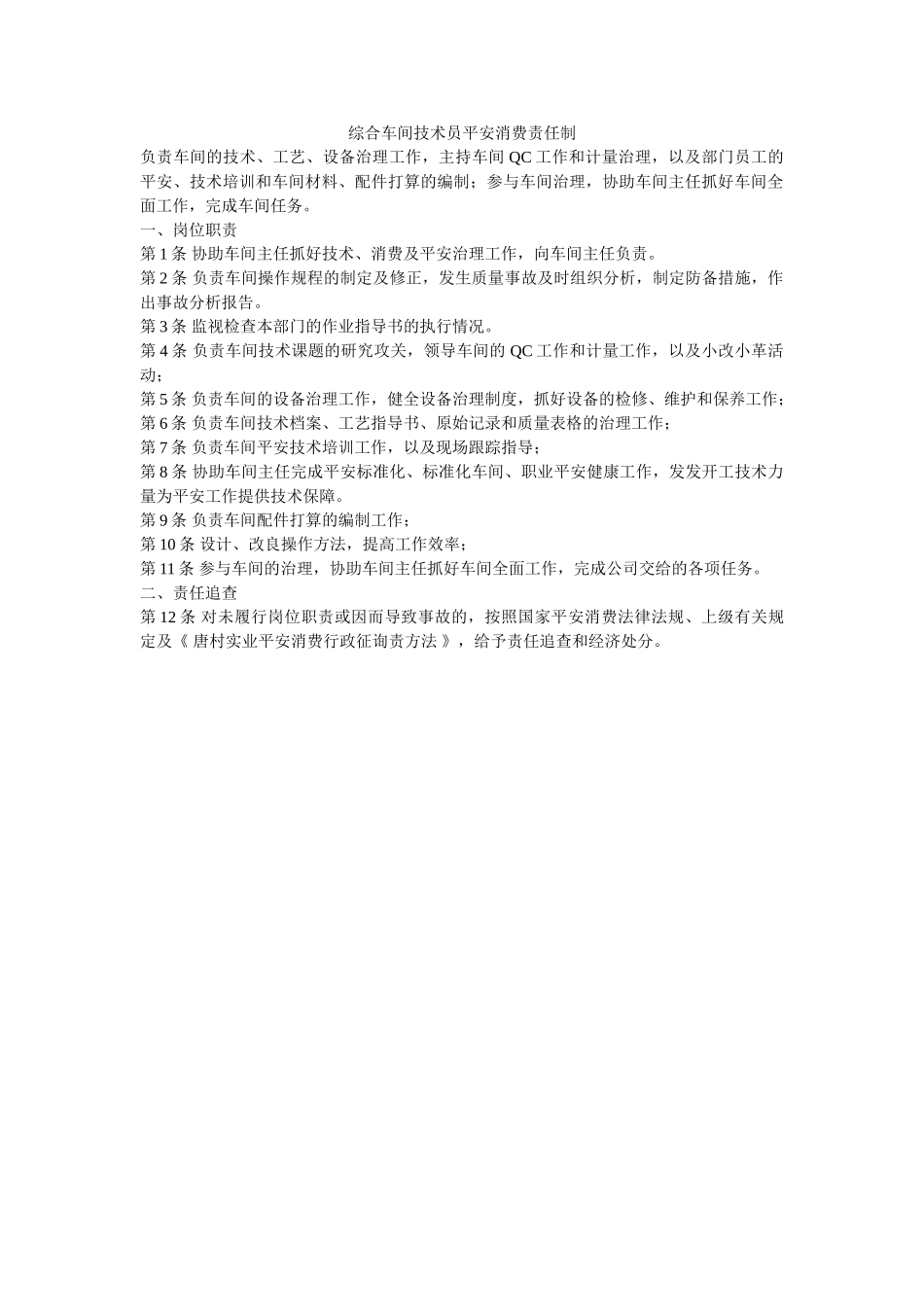 综合车ۥ间技术员安全生产责任制精选 _第1页