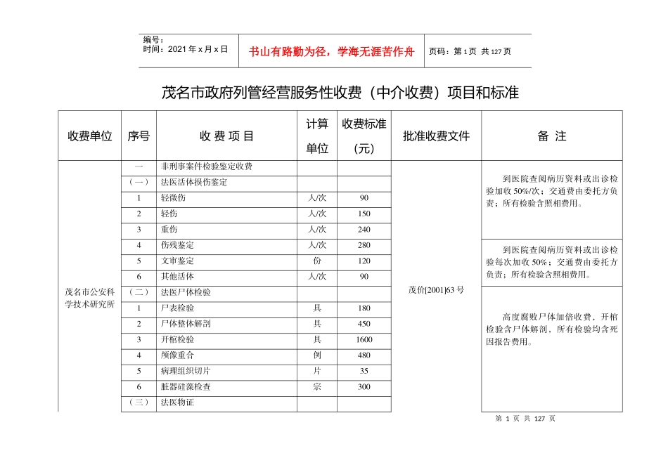 茂名市政府列管经营服务性收费(中介收费)项目和标准_第1页