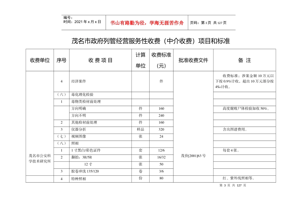 茂名市政府列管经营服务性收费(中介收费)项目和标准_第3页