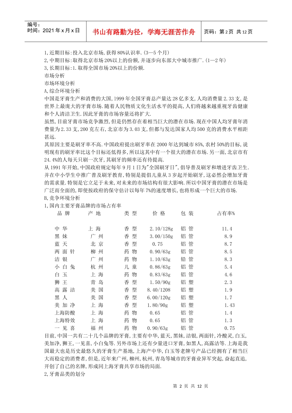某品牌牙膏大陆市场推广计划书_第2页