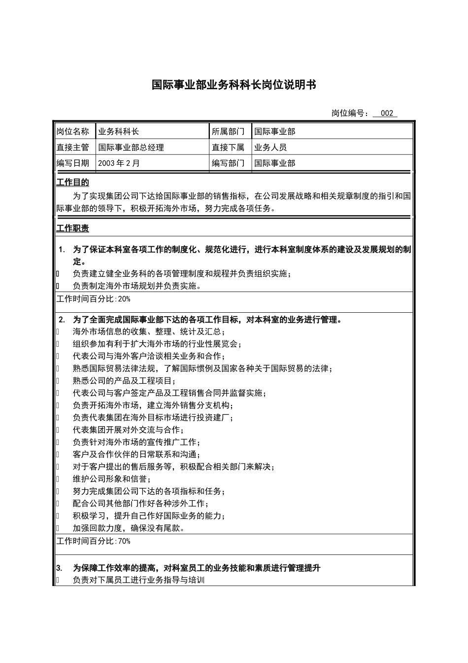 江苏牧羊国际事业部业务科科长岗位说明书_第1页