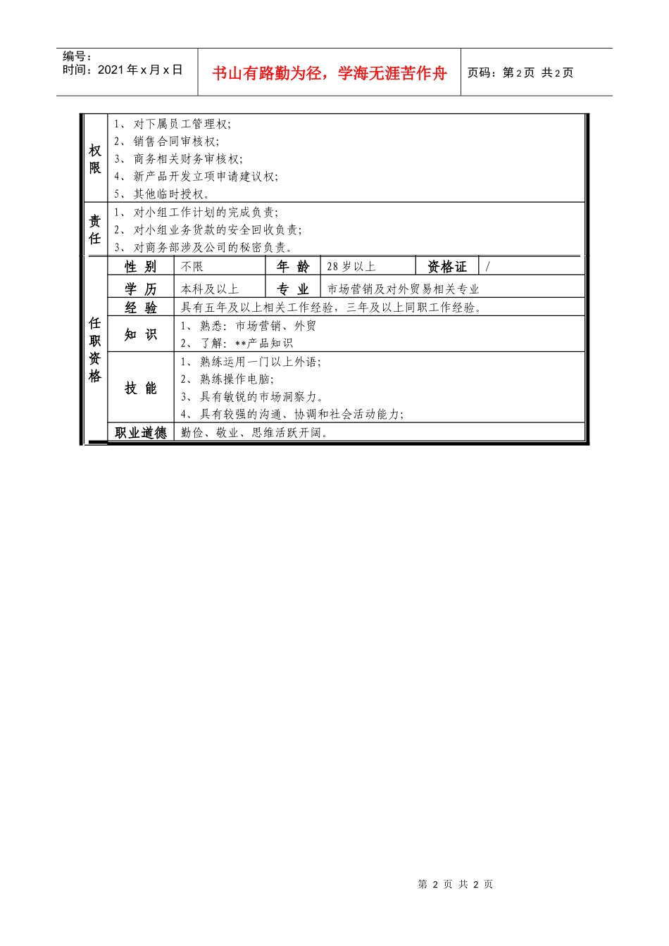 某中型制造业业务主管岗位说明书_第2页
