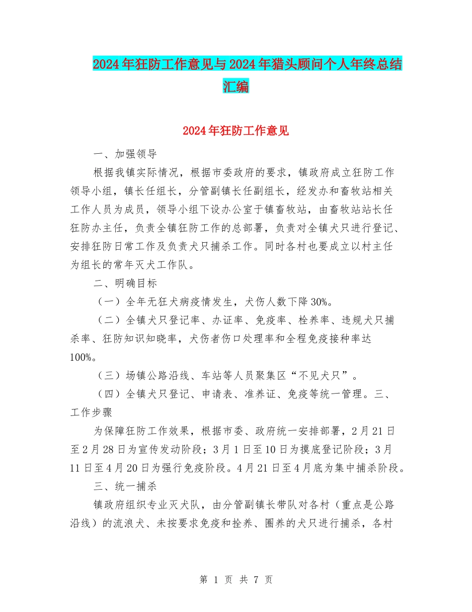 2024年狂防工作意见与2024年猎头顾问个人年终总结汇编_第1页